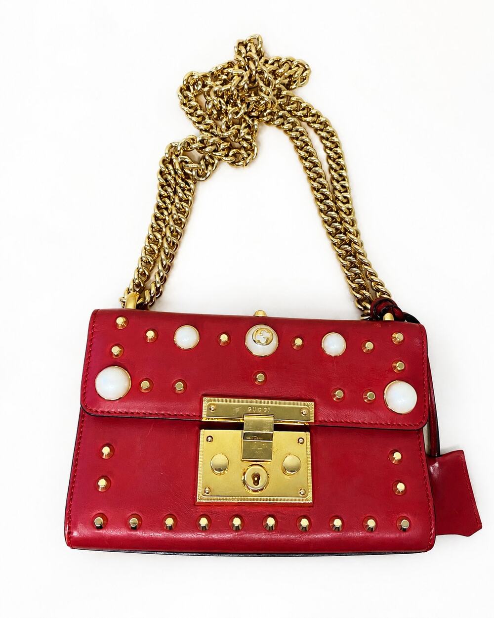Gucci Red Leather Faux Pearl Stud Padlock Small Chain Shoulder Bag